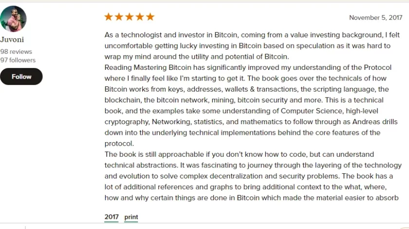 customer review of mastering the bitcoin book